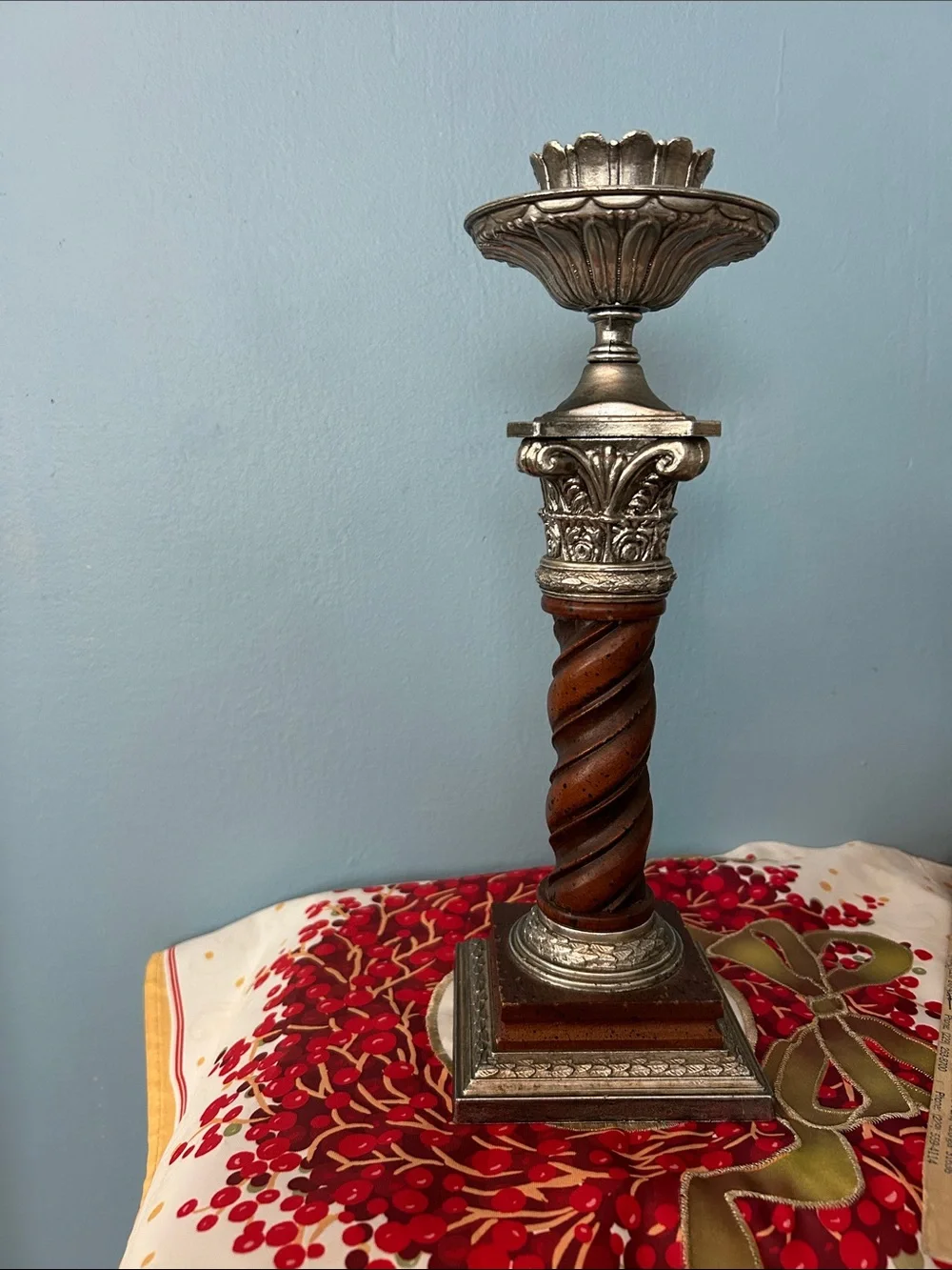 Ornate Silver & Mahogany  Barley twist   Column Candle Holder USA EUC